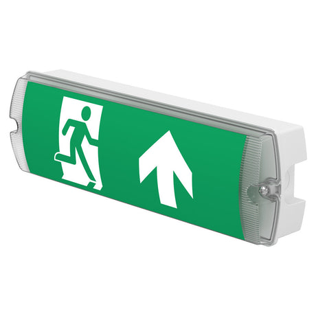 Emergency exit sign with up arrow and running person symbol on a white background 