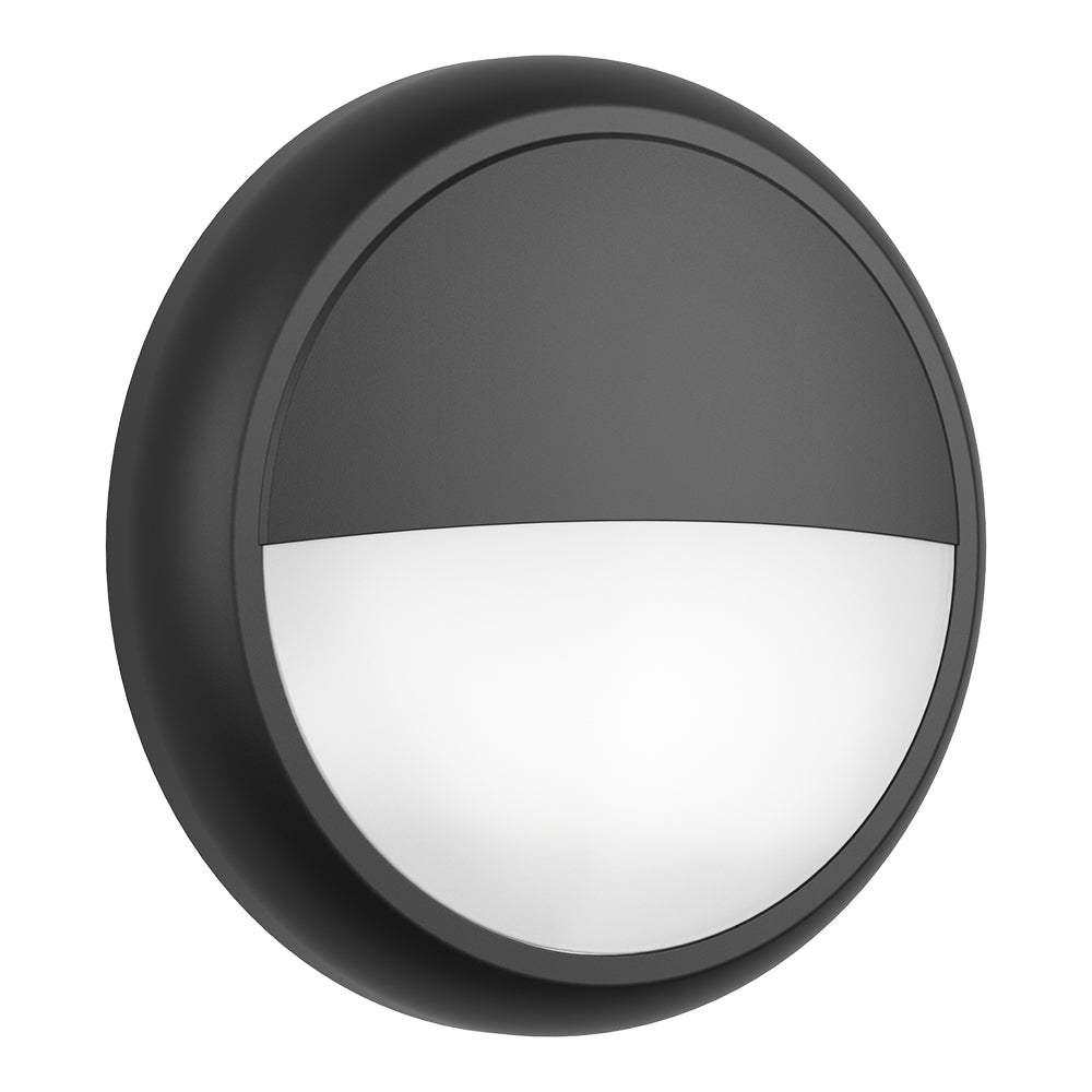 EUSTON CE3X5 | Round Bulkhead Light Fitting | LED Multi Wattage 8-16W | CCT 5-Colour | IP65 | Microwave Sensor & Emergency | Black Eyelid