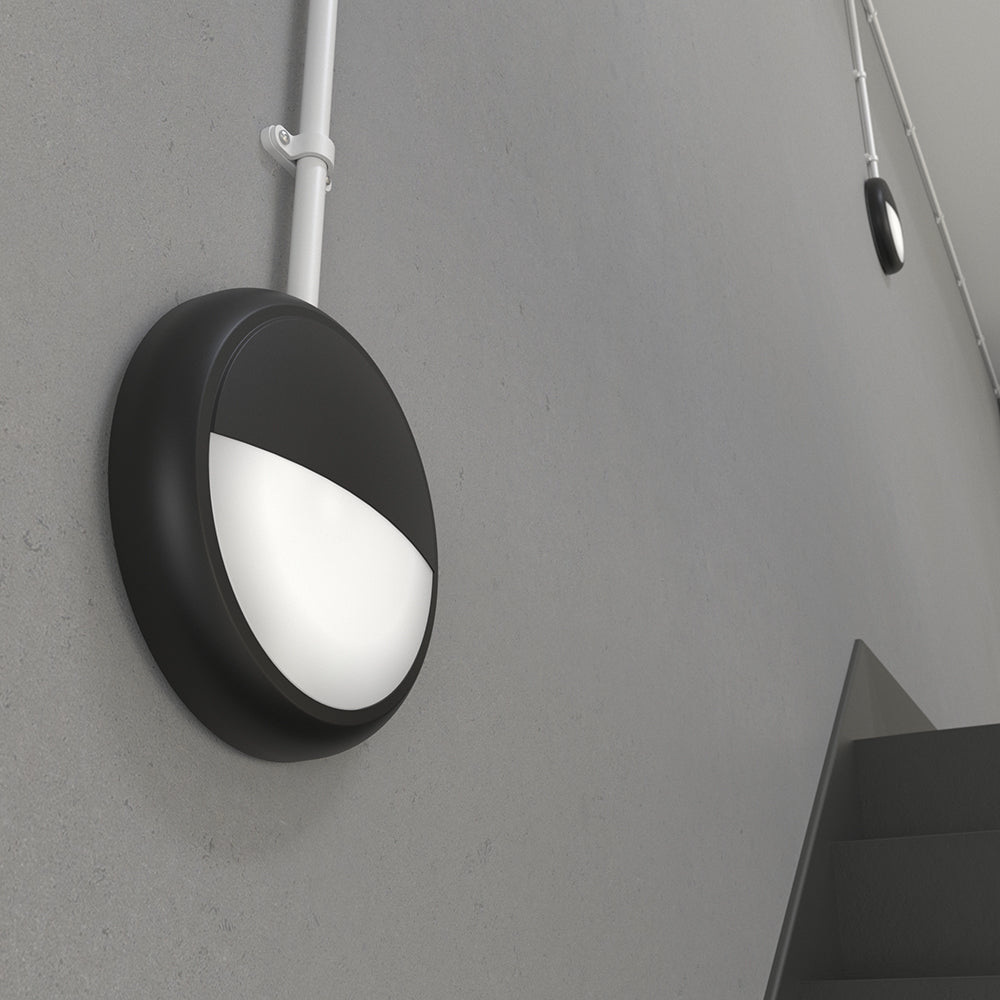EUSTON CE3X5 | Round Bulkhead Light Fitting | LED Multi Wattage 8-16W | CCT 5-Colour | IP65 | Microwave Sensor & Emergency | Black Eyelid