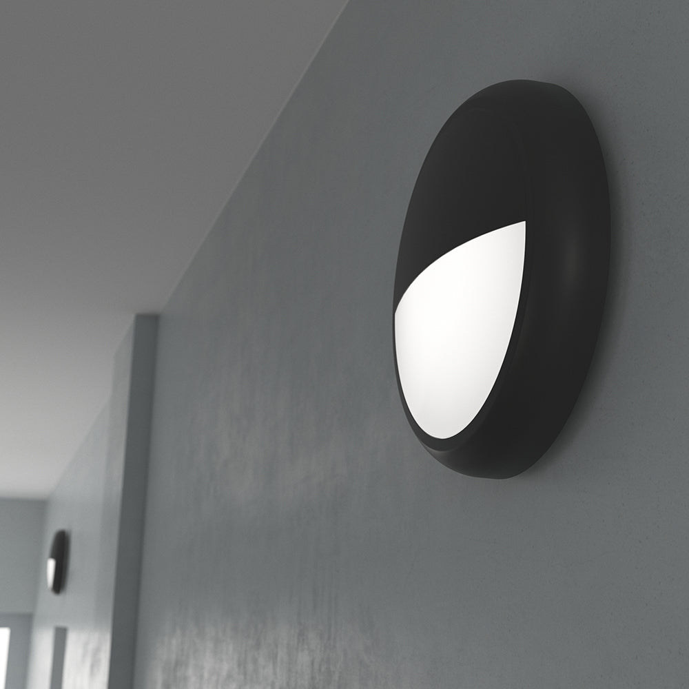 EUSTON CE3X5 | Round Bulkhead Light Fitting | LED Multi Wattage 8-16W | CCT 5-Colour | IP65 | Microwave Sensor & Emergency | Black Eyelid