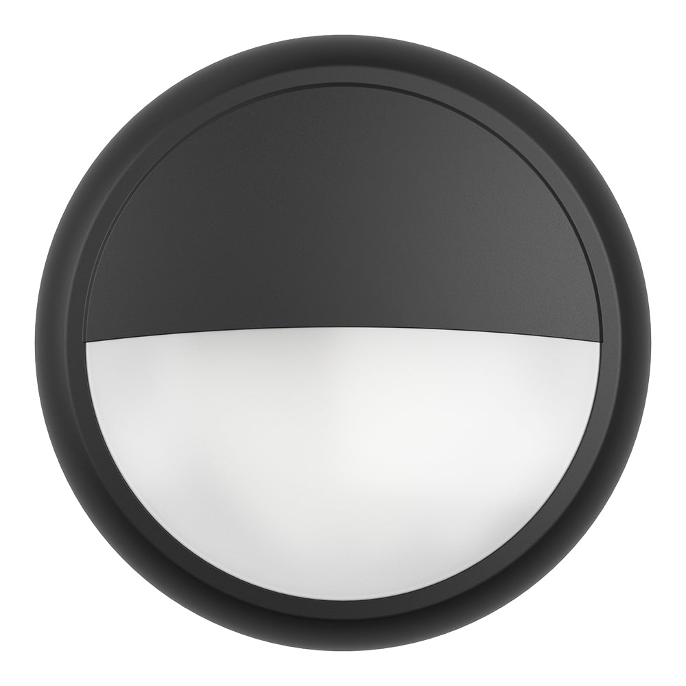 EUSTON CE3X5 | Round Bulkhead Light Fitting | LED Multi Wattage 8-16W | CCT 5-Colour | IP65 | Microwave Sensor & Emergency | Black Eyelid