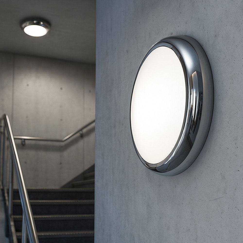 EUSTON CE3X5 | Round Bulkhead Light Fitting | LED Multi Wattage 8-16W | CCT 5-Colour | IP65 | 3hr Emergency | Chrome