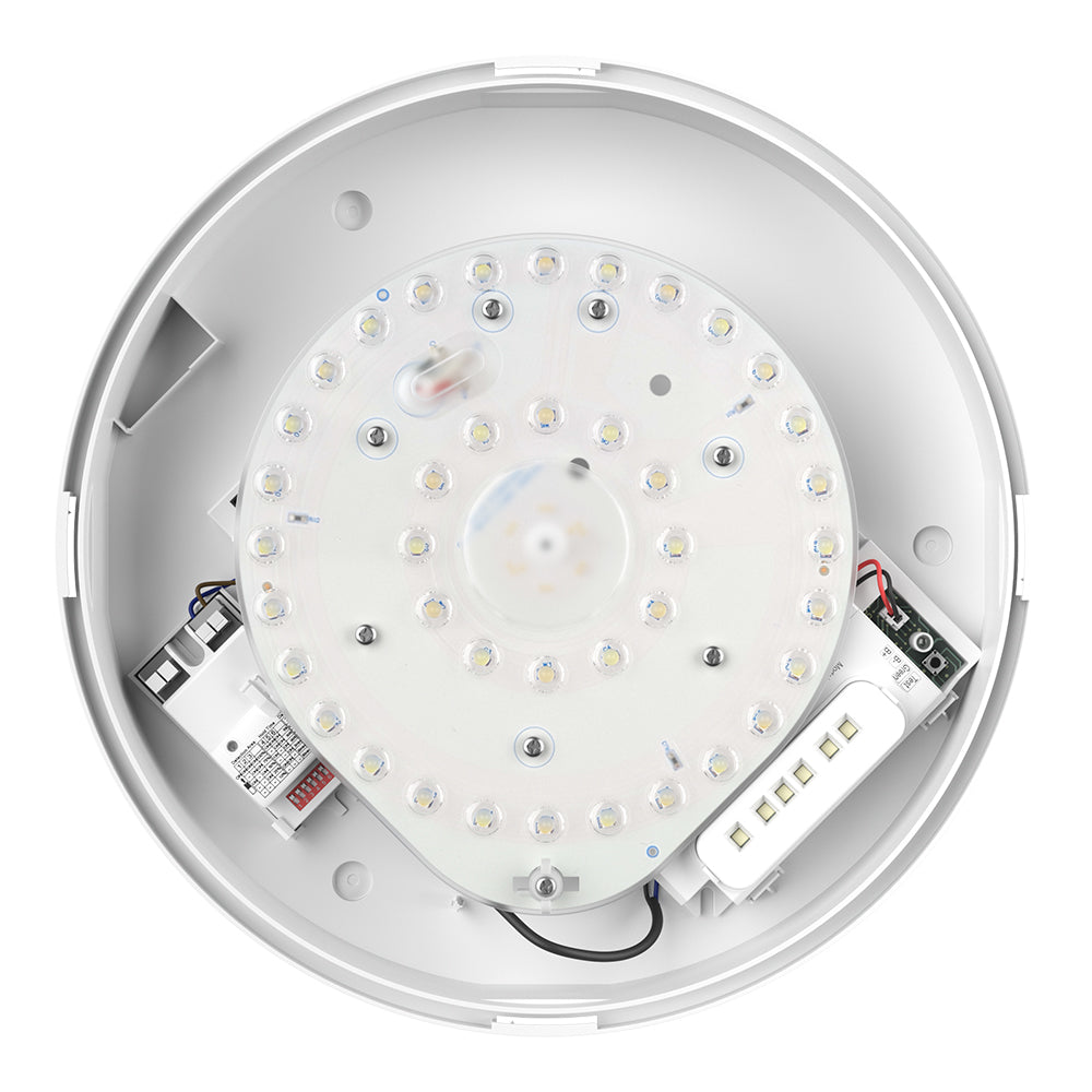 EUSTON CE3X5 | Round Bulkhead Light Fitting | LED Multi Wattage 8-16W | CCT 5-Colour | IP65 | Microwave Sensor & Emergency | Black Eyelid