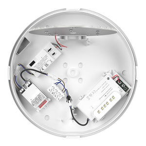 EUSTON CE3X5 | Round Bulkhead Light Fitting | LED Multi Wattage 8-16W | CCT 5-Colour | IP65 | Microwave Sensor & Emergency | Black Eyelid