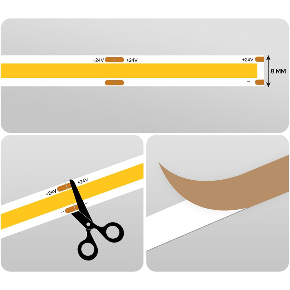 24V Seamless Dotless LED Tape Strip Light | 5W COB LED | Dimmable | Daylight White 6000K | Sold Per Metre