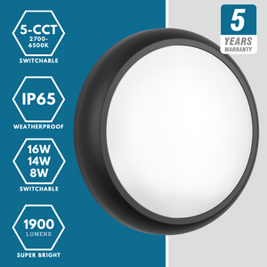 EUSTON CE3X5 |Round Bulkhead Light Fitting | LED Multi Wattage 8-16W | CCT 5-Colour | IP65 | 3hr Emergency | Black
