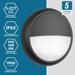 EUSTON CE3X5 | Round Bulkhead Light Fitting | LED Multi Wattage 8-16W | CCT 5-Colour | IP65 | Microwave Sensor & Emergency | Black Eyelid