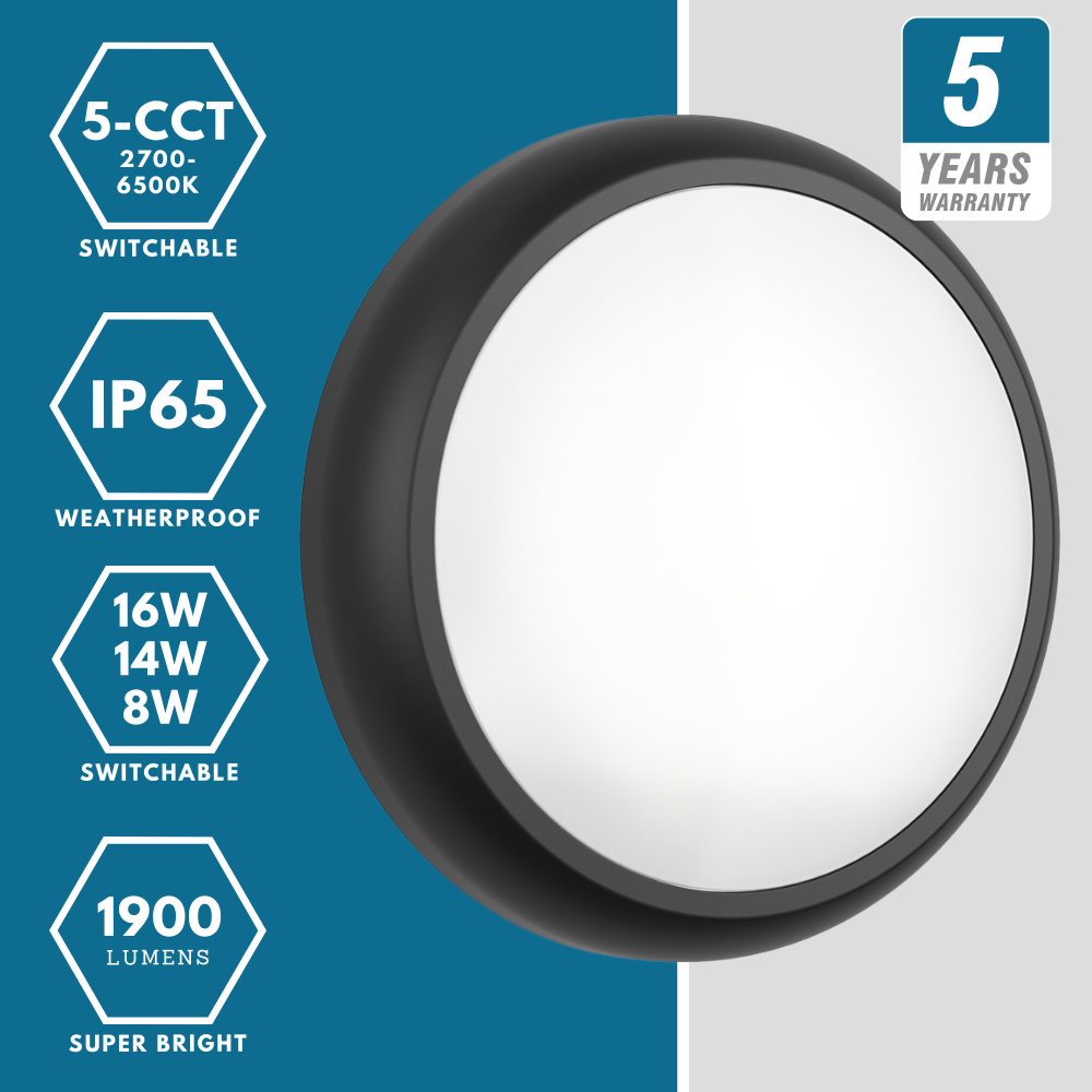 EUSTON CE3X5 |Round Bulkhead Light Fitting | LED Multi Wattage 8-16W | CCT 5-Colour | IP65 | 3hr Emergency | Black