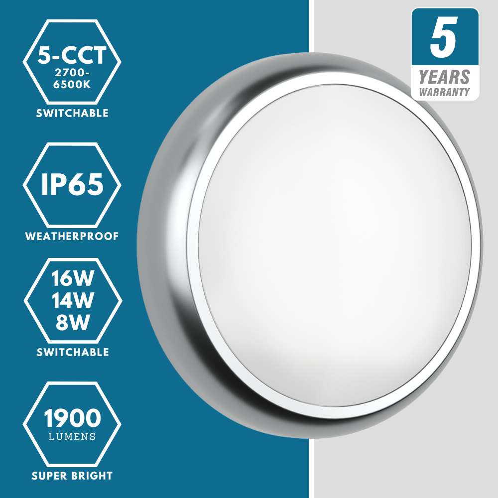 EUSTON CE3X5 | Round Bulkhead Light Fitting | LED Multi Wattage 8-16W | CCT 5-Colour | IP65 | 3hr Emergency | Chrome