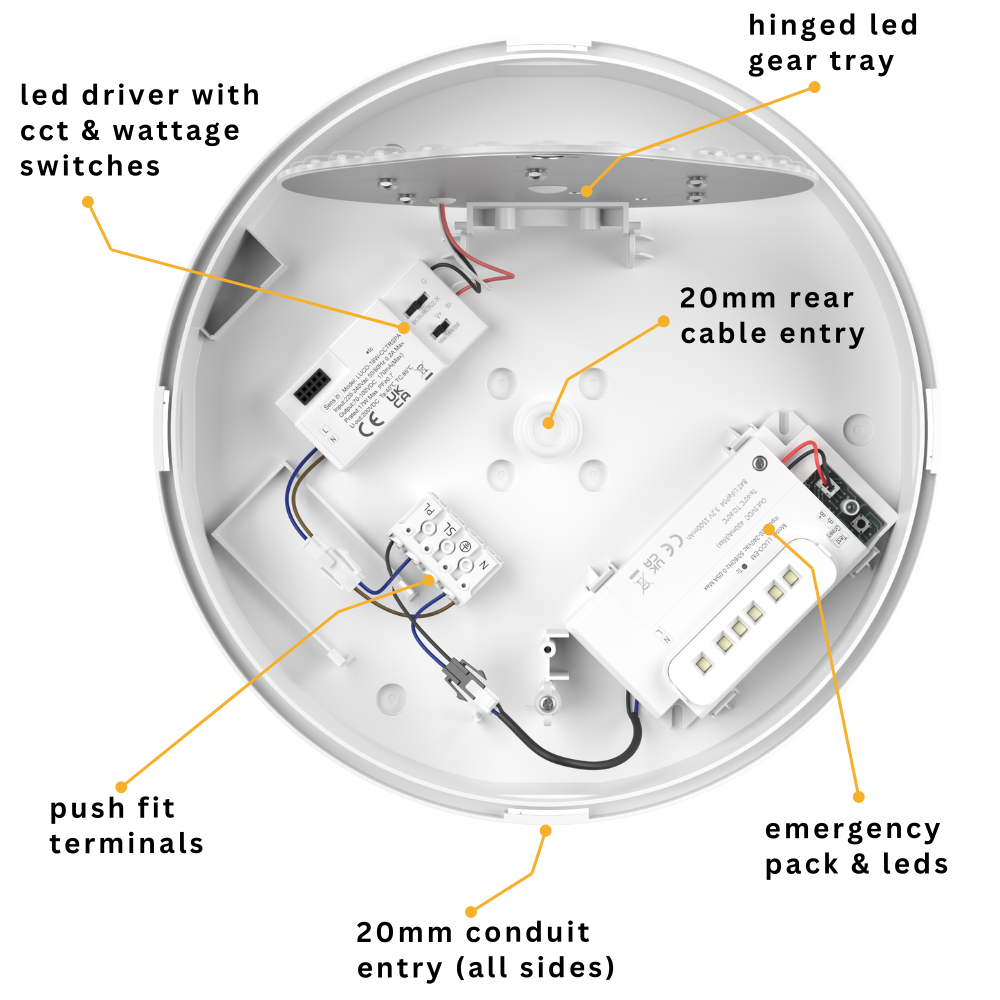 EUSTON CE3X5 | Round Bulkhead Light Fitting | LED Multi Wattage 8-16W | CCT 5-Colour | IP65 | 3hr Emergency | Chrome