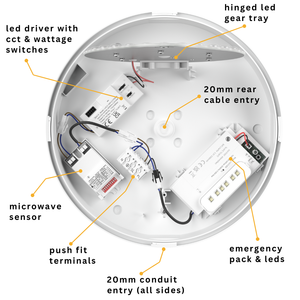 EUSTON CE3X5 | Round Bulkhead Light Fitting | LED Multi Wattage 8-16W | CCT 5-Colour | IP65 | Microwave Sensor & Emergency | Black Eyelid