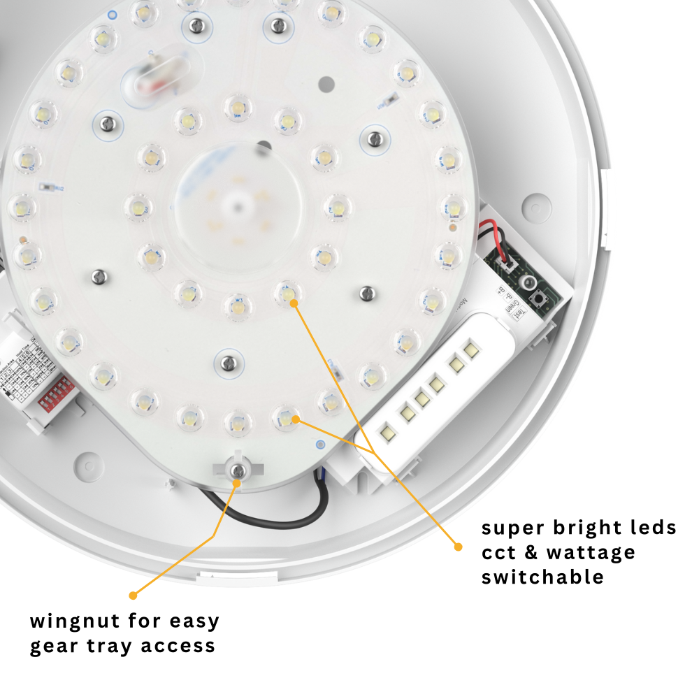EUSTON CE3X5 | Round Bulkhead Light Fitting | LED Multi Wattage 8-16W | CCT 5-Colour | IP65 | Microwave Sensor & Emergency | Black Eyelid