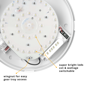 EUSTON CE3X5 | Round Bulkhead Light Fitting | LED Multi Wattage 8-16W | CCT 5-Colour | IP65 | Microwave Sensor & Emergency | Black Eyelid