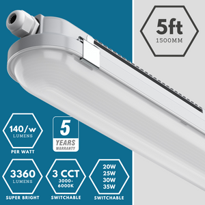 TORO Non-Corrosive LED Batten Light | 5ft 3360lm | CCT Tri-Colour & Multi Wattage | IP65 | Standard
