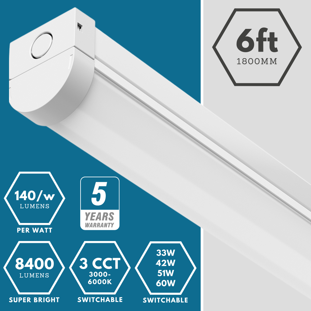 VALA LED Batten Light | 6ft High Lumen 8400lm | CCT Tri-Colour & Multi Wattage | IP20 | Standard